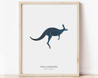 Wollongong Kangaroo Map Print | Map of Wollongong Australia | Digital Download