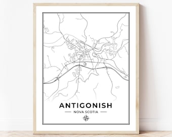 May include: A black and white line art map of Antigonish, Nova Scotia, with the town name and province printed below the map. A compass rose is printed below the province name.
