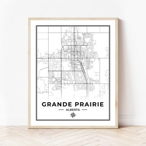 May include: Black and white line art map of Grande Prairie, Alberta, Canada. The map shows the city's street grid and major roads. The city name and province are printed below the map.