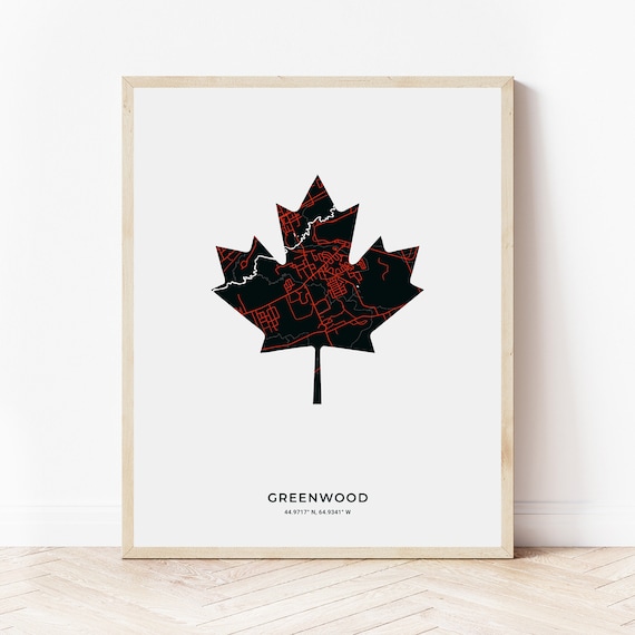 Greenwood Nova Scotia Map Greenwood Maple Leaf Print Map Of Greenwood Nova Scotia | Etsy