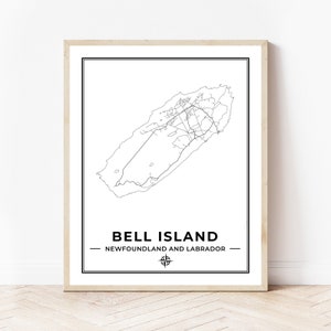 Impression de carte de l'île Bell | Carte de l'île Bell, Terre-Neuve | Noir et blanc | Téléchargement numérique