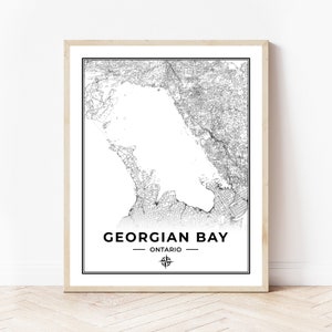Impression de carte de la baie Georgienne | Carte de la Baie Georgienne Ontario | Noir et blanc | Téléchargement numérique
