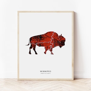 Peut inclure: Une silhouette rouge et noire de bison avec la carte des rues de la ville de Winnipeg superposée sur son corps. Le texte "WINNIPEG 49.8951° N, 97.1384° W" est sous le bison.