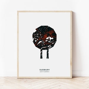 May include: A black and white geometric map of Sudbury, Ontario, Canada with red lines representing roads. The map is framed in a light wood frame and has the text "SUDBURY 46.4917° N, 80.9933° W" below the map.