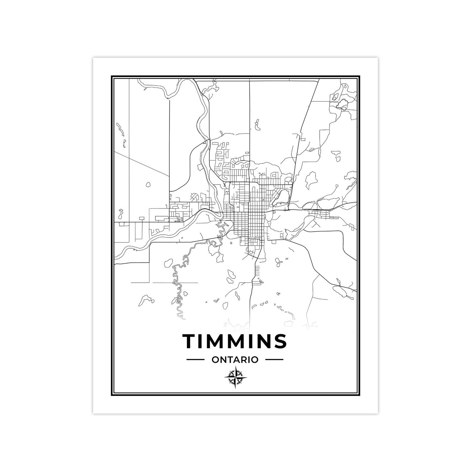 Timmins Map Print Map of Timmins Ontario Black & White Etsy UK