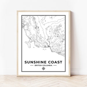 Sunshine Coast Map Print | Map of Sunshine Coast British Columbia | Black & White | Digital Download