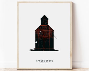 May include: A black silhouette of a building with a red outline of the city streets inside. The building is shaped like a grain silo. The text "SPRUCE GROVE 53.5428° N, 113.9034° W" is below the building.