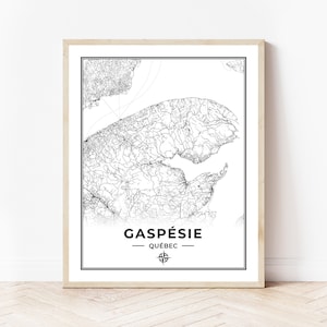 Impresión de mapas de Gaspésie / Mapa de Gaspésie Quebec / Blanco y negro / Descarga digital