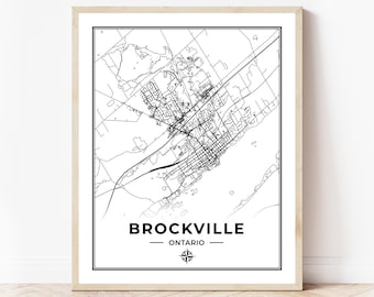 May include: Black and white map print of Brockville, Ontario. The map shows the city's streets and waterways. The city name and province are printed below the map.
