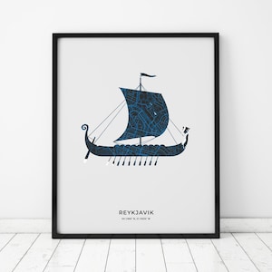 Reykjavik Viking Longship Map Print | Map of Reykjavik Iceland | Digital Download
