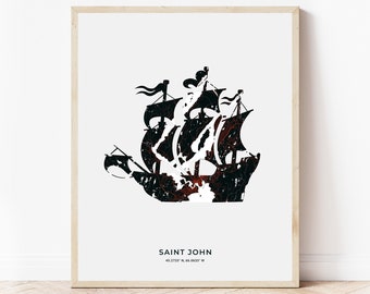 Saint John Tall Ship Print | Map of Saint John New Brunswick | Digital Download