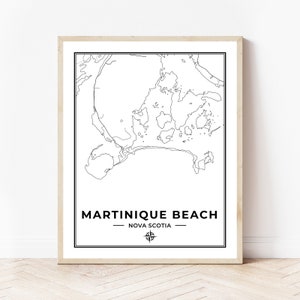 Impression de carte de plage de Martinique | Carte de Martinique Beach Nouvelle-Écosse | Noir et blanc | Téléchargement numérique