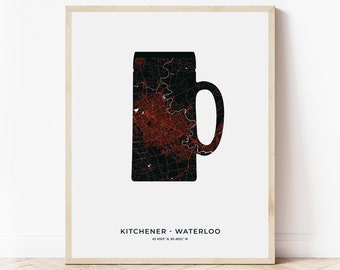 Kitchener-Waterloo Beer Mug Print | Map of Kitchener-Waterloo Ontario | Digital Download