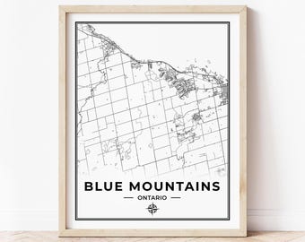 Blue Mountains Map Print | Map of Blue Mountains Ontario | Black & White | Digital Download