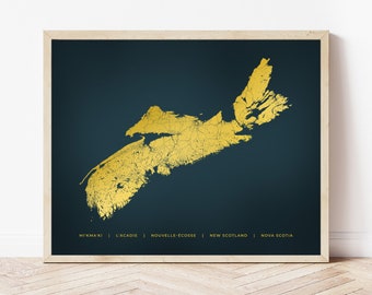 May include: A gold foil map of Nova Scotia on a dark blue background. The map includes the names "Mi'kmaq", "L'Acadie", "Nouvelle-Écosse", "New Scotland", and "Nova Scotia".