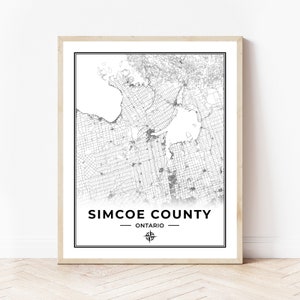 Impression de carte du comté de Simcoe | Carte du comté de Simcoe en Ontario | Noir et blanc | Téléchargement numérique