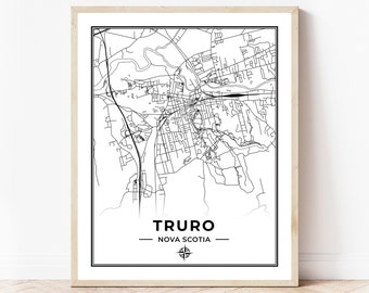 May include: A black and white line art map of Truro, Nova Scotia. The map shows the streets and waterways of the city. The city name and province are printed below the map.