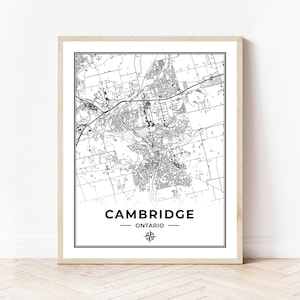 Impression de carte de Cambridge | Carte de Cambridge Ontario | Noir et blanc | Téléchargement numérique