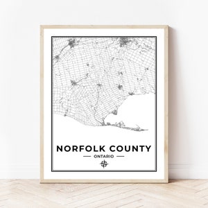 Impression de carte du comté de Norfolk | Carte du comté de Norfolk, Ontario | Noir et blanc | Téléchargement numérique