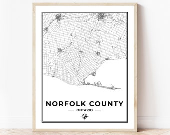 Norfolk County Map Print | Map of Norfolk County Ontario | Black & White | Digital Download