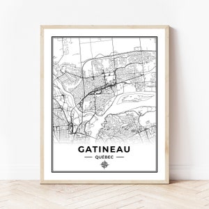 Impression de la carte de Gatineau | Carte de Gatineau Québec | Noir et blanc | Téléchargement numérique