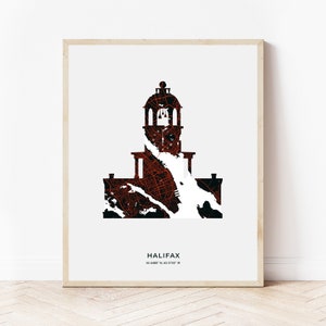 May include: A black and white silhouette of Halifax, Nova Scotia, with red street lines. The city is depicted as a building with a clock tower. The text "HALIFAX" and the coordinates "44.6488° N, 63.5752° W" are printed below the silhouette.