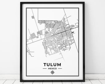May include: Black and white line art map of Tulum, Mexico. The map shows the city streets and landmarks. The text "Tulum, Mexico" is printed below the map.