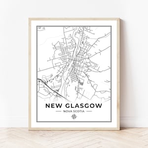 May include: A black and white line art map of New Glasgow, Nova Scotia, with the city name and province printed below the map. A compass rose is printed below the province name.