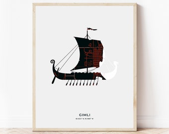 Gimli Viking Longship Print | Map of Gimli Manitoba | Digital Download