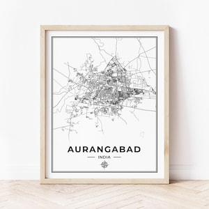 Peut inclure: Une impression de carte en noir et blanc d'Aurangabad, en Inde. La carte montre les rues et les monuments de la ville. Le nom de la ville et le pays sont imprimés sous la carte.