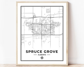 May include: A framed black and white map print of Spruce Grove, Alberta. The map details the city's streets and infrastructure. The city name and province are printed in a bold, clean font at the bottom of the print.