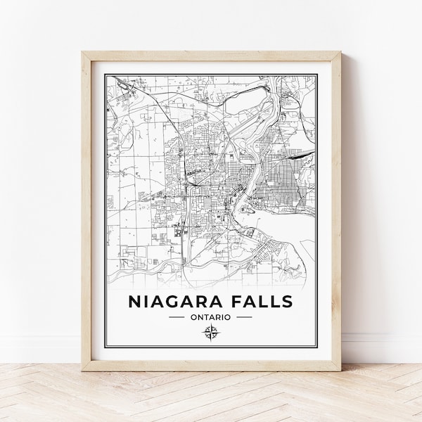 Impression de la carte des chutes du Niagara | Carte des chutes du Niagara en Ontario | Noir et blanc | Téléchargement numérique