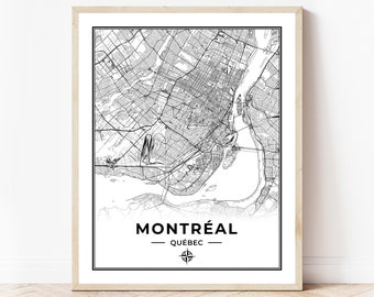 May include: Black and white map print of Montreal, Quebec with the city name and compass rose.