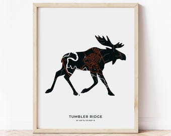 Tumbler Ridge Moose Print | Map of Tumbler Ridge British Columbia | Digital Download
