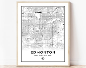 May include: Black and white map print of Edmonton, Alberta with a compass rose and the city name at the bottom.