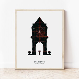 May include: A black and red city map silhouette of Steinbach, Germany, in the shape of an archway. The text "STEINBACH" and the coordinates "48.5283° N, 9.6091° W" are printed below the map.