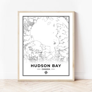 Impression de carte de la baie d’Hudson | Carte de la Baie d'Hudson Canada | Noir et blanc | Téléchargement numérique