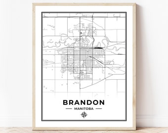 Brandon Map Print | Map of Brandon Manitoba | Black & White | Digital Download