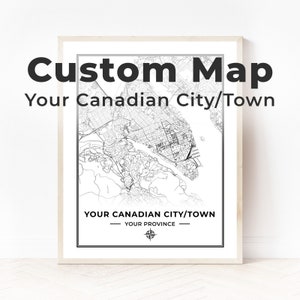 Impression de carte en noir et blanc personnalisée | N'importe quelle ville au Canada | N'importe quelle ville canadienne
