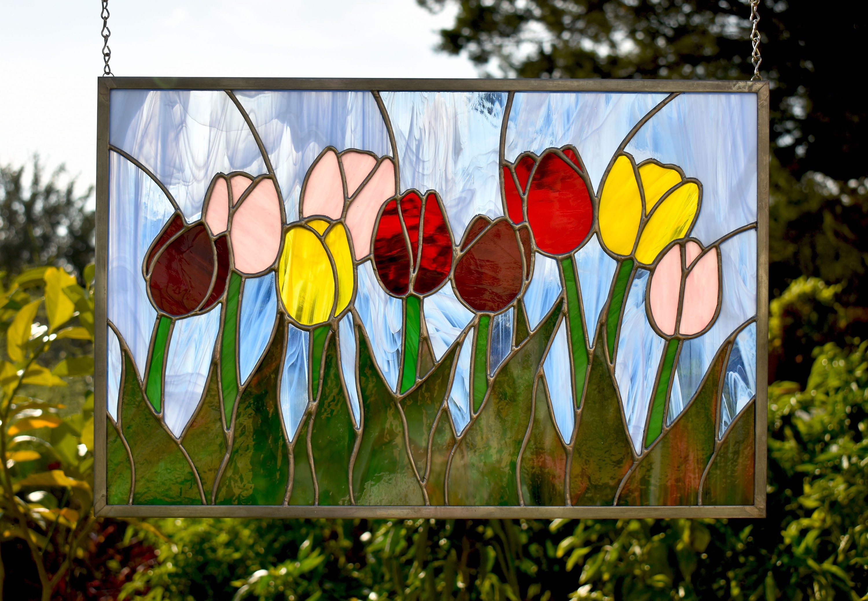 Window Flower Glass Spring Tulip Stained Glass Window Panel Flower Art Home Decor Garden ...