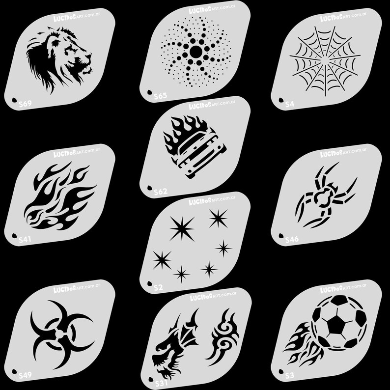 Plantilla Soccer ball lion Set of 10 Brand New Stencil Reusable Body painting car fire spider web D