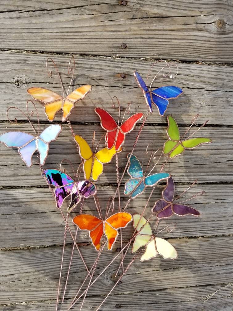 Stained glass 3D butterfly garden plant stake Made To Order | Etsy