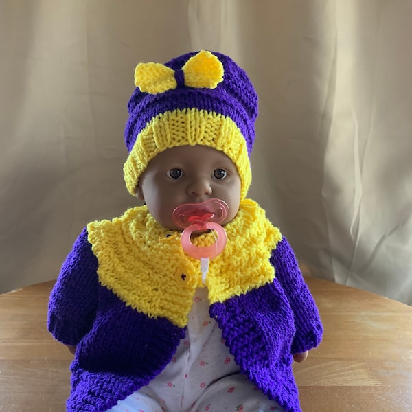 LSU Purple and yellow baby girl hand knit sweater and hat set 0-6 month, LSU colors, baby gift,shower gift hand knit,unique, baby girl #33