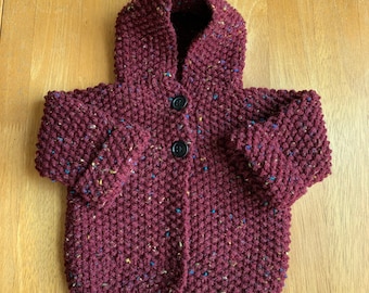 Burgundy,maroon flecked hand knit, baby sweater, unisex,hoodie,jacket, baby gift# 63,newborn-3 month size,Four Seasons Shoppe