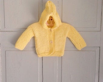 Lemon yellow hand knit hooded baby sweater, cardigan, hoodie 0 to 3 month size,shower gift,unisex gift  #13