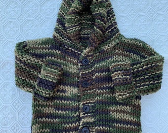 Camouflage hand knit baby sweater,#38  hoodie,cardigan,size 0-3 and 3-6 months, hunting,unique gift, baby gift shades of green,black,brown