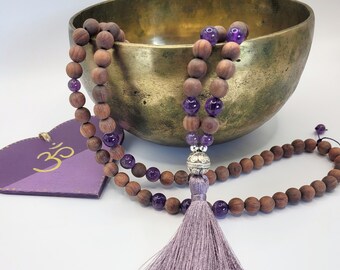 Rosewood Amethyst Mala Beads: Hand-Knotted Meditation Necklace