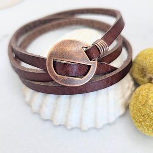 Boho Brown Leather Wrap Bracelet: Copper Connector, Adjustable Length
