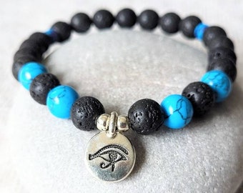 STRENGTH and COURAGE Mala Bracelet for Men, Volcanic Lava Rock Bracelet, Horus Eye, Mala Beads, Men's Yoga Gift, Spiritual Prayer Beads