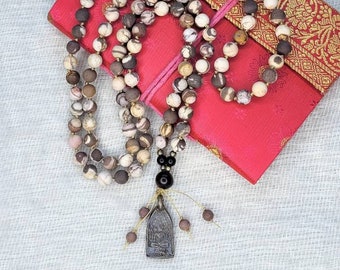 Hand Knotted ZEBRA JASPER Mala Necklace, 108 Mala Beads, Buddha Pendant blessed in Thai Temple, Yoga Mala Gift, Prayer Beads, Meditation